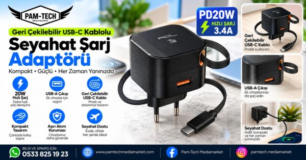 20W HIZLI ŞARJ CİHAZI MAKARALI ÇEK BIRAK SİSTEMLİ DAHİLİ TYPE-C KABLOLU