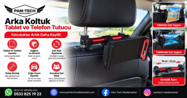 Koltuk Başlığı Arkası 360° Dönebilen Tablet ve Telefon Tutucu