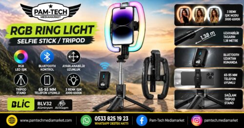 345abb0dfc6b0388.jpg RGB LED IŞIKLI 3'Ü 1 ARADA SELFIE STICK & TRIPOD!