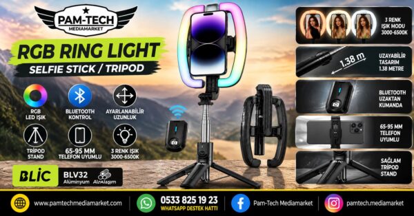 RGB LED IŞIKLI 3'Ü 1 ARADA SELFIE STICK & TRIPOD!