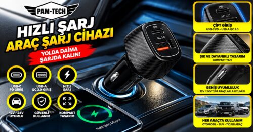 6A Hızlı Şarj Özellikli Type-C Kablolu Araç Şarj Aleti