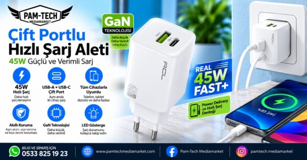 53c4e1e7ef97d3d3-1.jpg 45Watt 1xUSB-A 2xUSB-C LED Işıklı Duvar Şarj Aleti