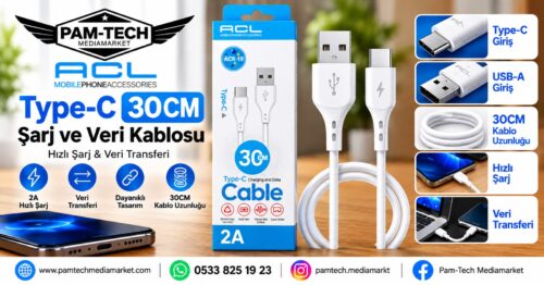 TYPE-C 30 CM ŞARJ VE VERİ KABLOSU