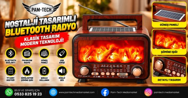 Şömine Detaylı Bluetooth Destekli Solar Güneş Enerjili Nostaljik Radyo